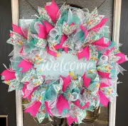 Welcome Aqua Floral Pink Spring Summer Deco Mesh Wreath Farmhouse Cottage Decor