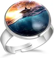[FVQL] Ring for Women Girls, sunset pattern ocean fish shark, 0.67inch/1.7cm, Glass, glass