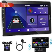 [1G+32G] 10.1 inch Android 13 Single Din Car Stereo with Detachable Screen, 10 inch Touch Screen Radio with Mirror Link/1080P/EQ Audio/SWC/Bluetooth + AHD Backup Camera + MIC
