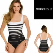 NWT Miraclesuit Mirabella "Right Down The Line" Striped One Piece Swimsuit Sz 12