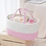Mother and Baby Portable Storage Basket, Bohemian Cotton Rope With Removable Inserts, Nappy Organiser (White Pink)