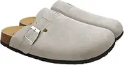 [SATUSTA] Clogs for Women Suede Soft Leather Clogs Classic Cork Clog Antislip Slippers Waterproof Mules House Sandals Buckle
