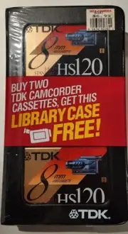 2 TDK HS120 Minute 8mm video Cassette Tapes, Sealed, New. W/ A Free Storage Case