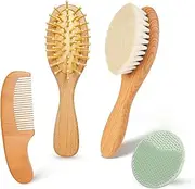 Baby Hair Brush and Comb Set - 4Pcs Toddler Hair Brush with Soft Bristles, Natural Wooden Handle Baby Grooming Kit for Newborns, Baby Essentials, Cradle Cap Brush