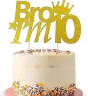 Happy 10th Birthday Cake Topper, Gold Bro I'm 10 Birthday Cake Pick, Peace Out Single Digits I'm 10 Cake Topper for Kids Boys Double Digits 10th Years Old Cake Decor Party (Gold)