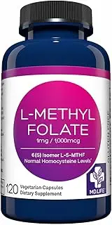 MD. Life L-Methylfolate 1 mg - Active Folate 5 Mthfr Support Supplement Professional Strength Methyl Folate - Essential Amino Acids & Brain Supplement- 120 Vegan Capsules