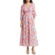 Banjanan Alana Floral Print V-Neck Midi Dress in Pink Bloomsbury Dawn XS/SM NWT