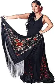 [AMINA] Flamingo Peak Shawl with Fringe - Red-Gold Embroidery - Large 190X90cm, Black/White, L