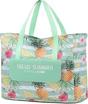 [Myhozee] Beach Bag XXL Family Swimming Bag Women's Beach Bag with Zip Summer Beach Bag Waterproof Sandproof for Pool Beach Trip Picnic Travel, Yellow (pineapple), 52cm x 20cm x 40cm