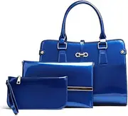 [FFYUYI] Women's Fashion Elegant Solid Color Glossy Patent Leather Handbag Set,Blue