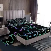 Cartoon Cat Print Bedding Sheet for Girls Boys Children Pet Cats Bedding Set Cute Kitten Neon Light Bed Sheets Room Decor Colorful 3D Animal Theme Cat Lover's Bed Sheet Set Full Size 4Pcs