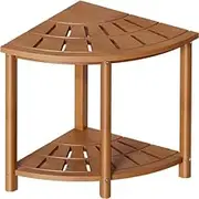 Bamboo Corner Shower Bench Waterproof Shower Stool with Storage Shelf Ideal for Shaving Legs Compact Size (15 * 13in)