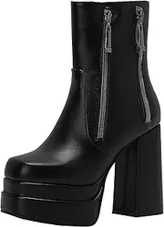 [XIEPP] Women's Side Zipper Booties Platform Ankle Boots with Chunky Heel