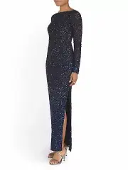 NWT AIDAN MATTOX Size 2 Sequin Long Sleeve Gown with Slit Cutout Back $530