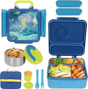 [UHAPEER] Bento Box for Kids & Adults, Insulated Leak-Proof Lunch Box with Insulated Food Jar for Hot Food, 4-Compartments Lunch Container with Cutlery and Snack Box for School Outdoors Office (Blue)