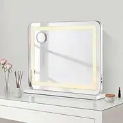 ACA International Vanity Mirror with Lights, 58x46cm Makeup Mirror Hollywood Mirror with 3 Color Modes & Adjustable Brightness, Bluetooch Speaker, Detachable 10x Magnification and USB Charging Design