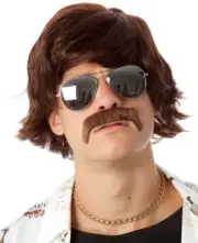 70's Shag Wig & Moustache Set Bee Gees Mens Brown Costume Wigs - by Allaura