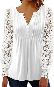 [Miekld] Women's Spring And Autumn Fashion Lace Lace Sleeves Pressed Pleated Button Base Shirt Top plus Size