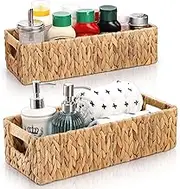 2 Pack Wicker Storage Baskets, Water Hyacinth Holder for Toilet Paper, Rectangular Natural Bins with Built-in Handles, Handwoven Organizer for Bathroom Kitchen Pantry Tank Top, 2 Sizes