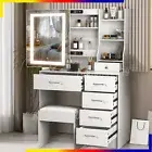 Makeup Vanity Desk w/ LED light Mirror Dressing Table & Stool Set w/ Shelves