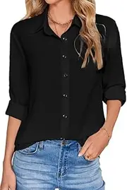 [IBAOTORONI] Womens Button Down Shirt: Long Sleeve Collared Button Up Dress Shirts Office Casual Chiffon Blouse Tops