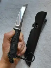 Outdoor Survival Tanto Stainless Steel Fixed Knife with Black Leather Sheath