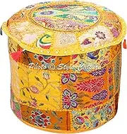 Indian Pouffe Footstool Cover Round Patchwork Embroidered Pouf Ottoman Cover Yellow Cotton Floral Traditional Furniture Footstool Seat Puff Cover (18x18x13)
