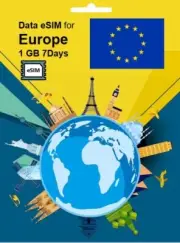 Europe Travel SIM Card DATA eSIM 1GB 7Days 33 Countries QR Code 1 Day Delivery