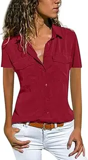 [Generic] Graphic T Shirts for Women Women Casual Solid Short Sleeve Turn Down Collar Pockets Buttons Shirt Tops Pocket T Shirts for Women