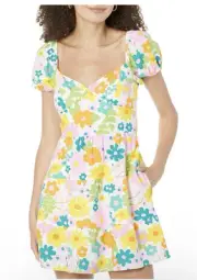 Show Me Your MuMu Cathy Floral Retro Mini Dress XS X Small Linen Blend NEW NWT