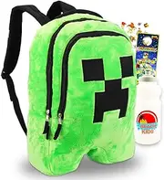 [Minecraft] Plush Backpack for Boys - 18" Creeper Backpack Bundle with Stickers, Water Bottle | School Bag for Kids 4-7