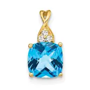 14K Yellow Gold Checkerboard Blue Topaz and Real Diamond Pendant
