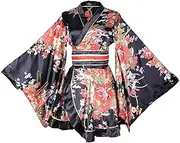 [Wraith of East] Sexy Short Kimono Costume Adult Women's Japanese Geisha Yukata Prints Gown Blossom Fancy Dress With Obi Belt