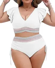 [Jolefille] Plus Size Swimsuit for Women Two Piece High Waisted Bikini Sets Ruffle Tummy Control Bathing Suit Full Coverage