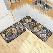 Cool Big Cat Flower Kitchen Mats for Floor, 2 Piece, Funny Cute Washable Non-Slip Kitchen Rugs Set for Home & Office, Sink, Laundry, 19.7” x 27.6” + 19.7” + 47.2”