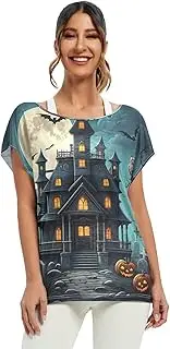 [RPLIFE] Spooky Haunted House Womens Blouse Loose Summer Top, Butterfly Sleeves Tops Women