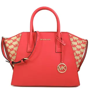 MICHAEL KORS Avril 金字大圓標Logo藺草繡字皮革拼接大水餃兩用包(珊瑚紅-大)