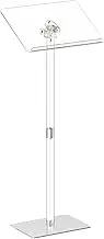 HMYHUM Small Acrylic Podium Stand, Angle Adjustable, 17.7" L x 13" W x 42.3" H, Modern Lecterns & Pulpits for Classroom, Concert, Church, Speech, Easy Assembly, Metal Base, Clear