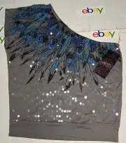 Almost Famous Gray Shirt Top One Shoulder Sequins Feather Pattern Size:XL NEW!