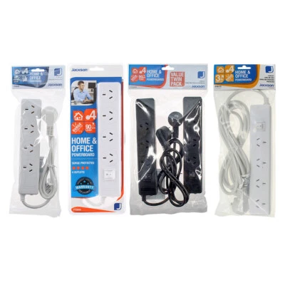 Jackson 4-outlet powerboard, 0.9m or 3m lead, switch, surge & overload protected