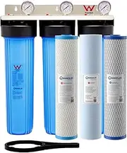 20” x 4.5” Whole House Water Filter System Triple Stage Big Blue Chlorine and Sediment Removal Wall Mount Watermark Certified AS3497 High Flow 75L/min Ideal for Town Water