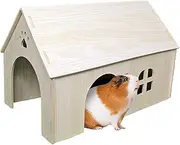Amonk Guinea Pig Hideout 15x9x10 inch Large Size Wooden House with Window and Roof Natural Wood Hut Habitats Decor for Bunny, Chinchillas, Dwarf Rabbits, Hamsters, and Other Small Pet Animals