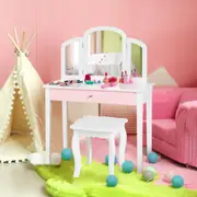 Babyjoy Kids Vanity Table Set w/Tri-folding Mirror Study Desk & Chair Set Stylish Princess Makeup Table White
