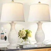 Set of 2 Table Lamps with USB C+A Fast Charging Ports, 26" Tall Farmhouse Living
