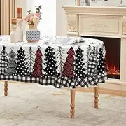 Horaldaily Christmas Tablecloth 60×84 Inch Oval, Christmas Trees Buffalo Plaid Black Washable Table Cover for Party Picnic Dinner Decor