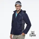 【LYNX GOLF】男款防潑水防風保暖科技羽絨LYNX印花連帽可拆式長袖外套-深藍色