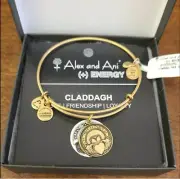 Alex and Ani Claddagh Gold Tone Charm Bangle New W/Tag Card & Box