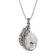 2PCS Vintage Opal Pendant Peacock Feather Necklace Crystal Women Sweater Chain