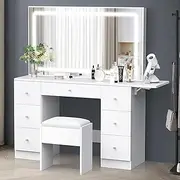 ALFORDSON Vanity Dressing Table Chair Set with LED Mirror, 140cm Dress Table and Matching Stool Sets, Makeup Desk with Extendable Countertop, White