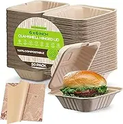 Clamshell Take Out Food Containers with Oil Paper, 6x6" 50-Pack Heavy-Duty Quality to go Containers, Natural Disposable Bagasse, Eco-Friendly Biodegradable Made of Sugar Cane Fibers